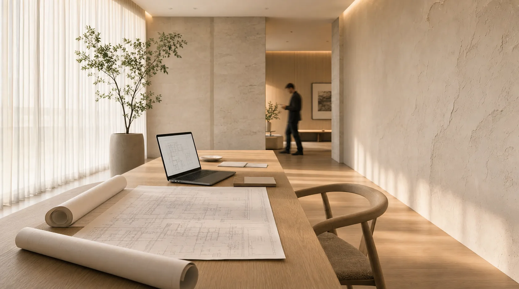 A calm, light-filled studio with construction drawings and a laptop on a long oak table